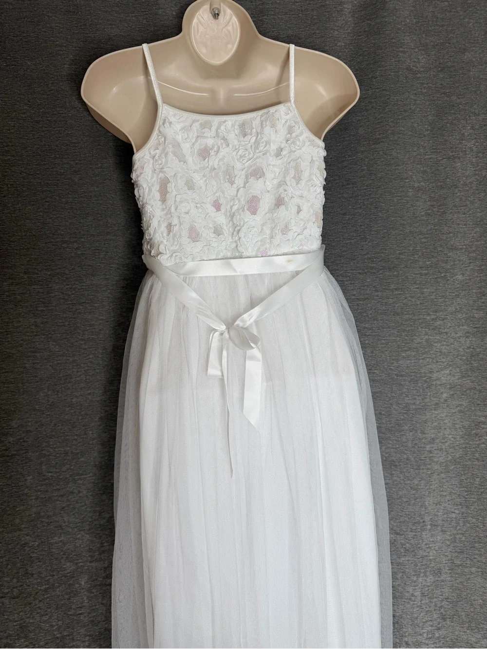 lilt White Lace Bodice Tulle Formal Dress with Satin Waist Tie
